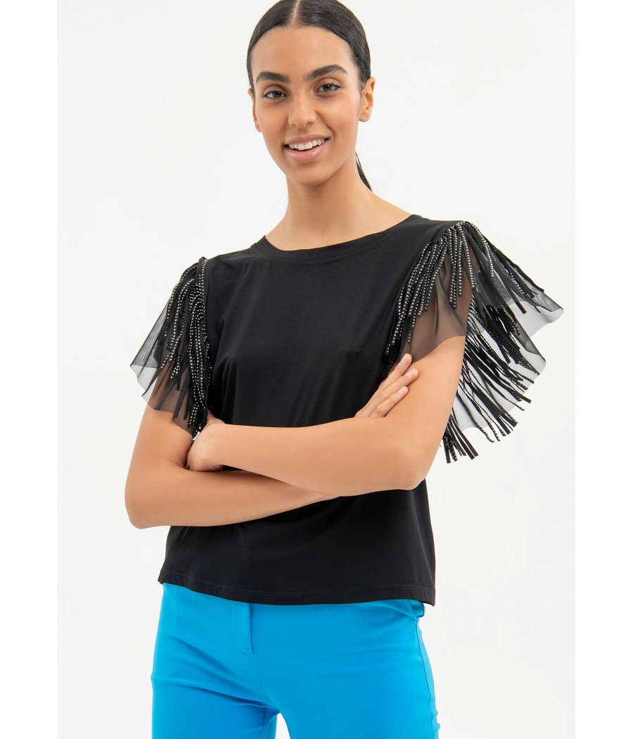 MAGLIA M.MANICA FRANGE STRASS E TULLE
