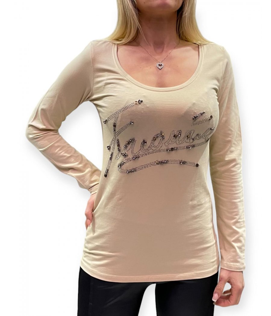 MAGLIA M.LUNGA SCRITTA STRASS E PERLINE MAGLIA M.LUNGA SCRITTA STRASS E PERLINE